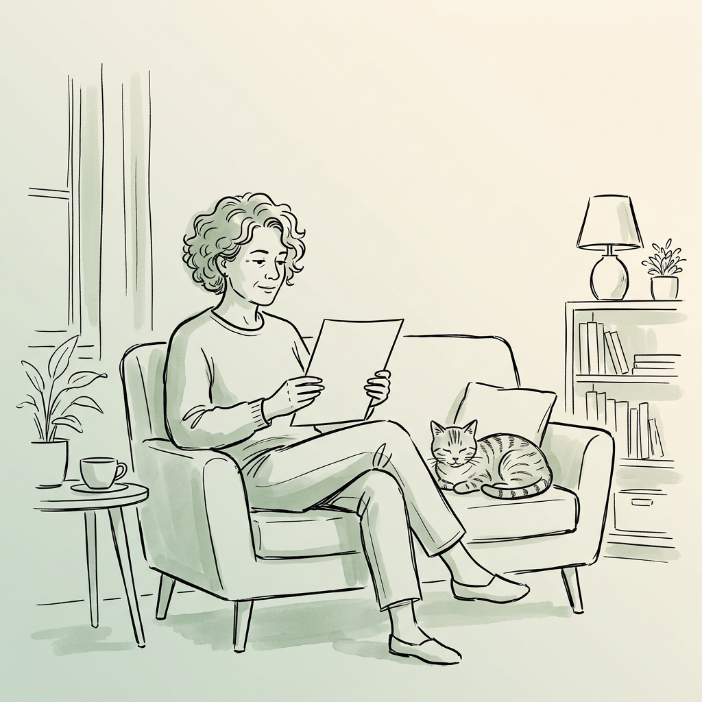 Ilustración: una mujer sentada en un sillón lee una hoja de papel con calma, con un gato a su lado